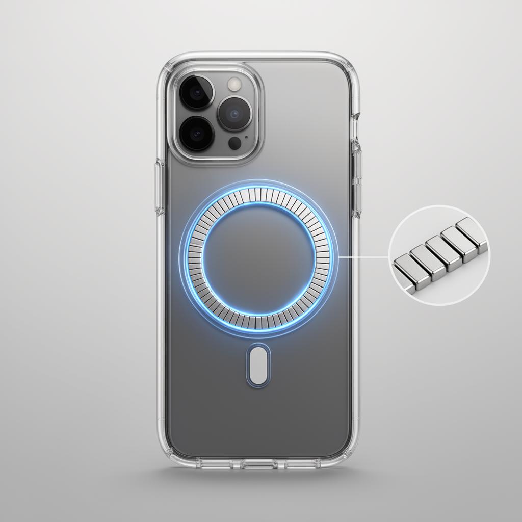 Querschnitt einer CorporateCases Hülle mit integriertem MagSafe Magnetring aus 18 Mini Neodym Magneten