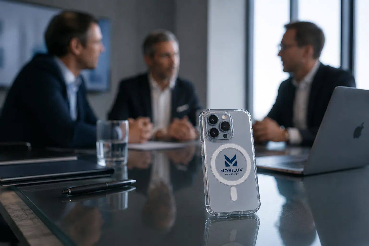 Business Meeting mit gebrandeter MOBILUX Premium Hülle auf Konferenztisch
